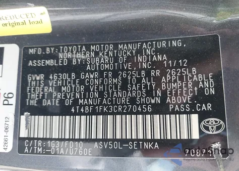 2012 Toyota Camry Le from USA, damaged, VIN 4T4BF1FK3CR270456